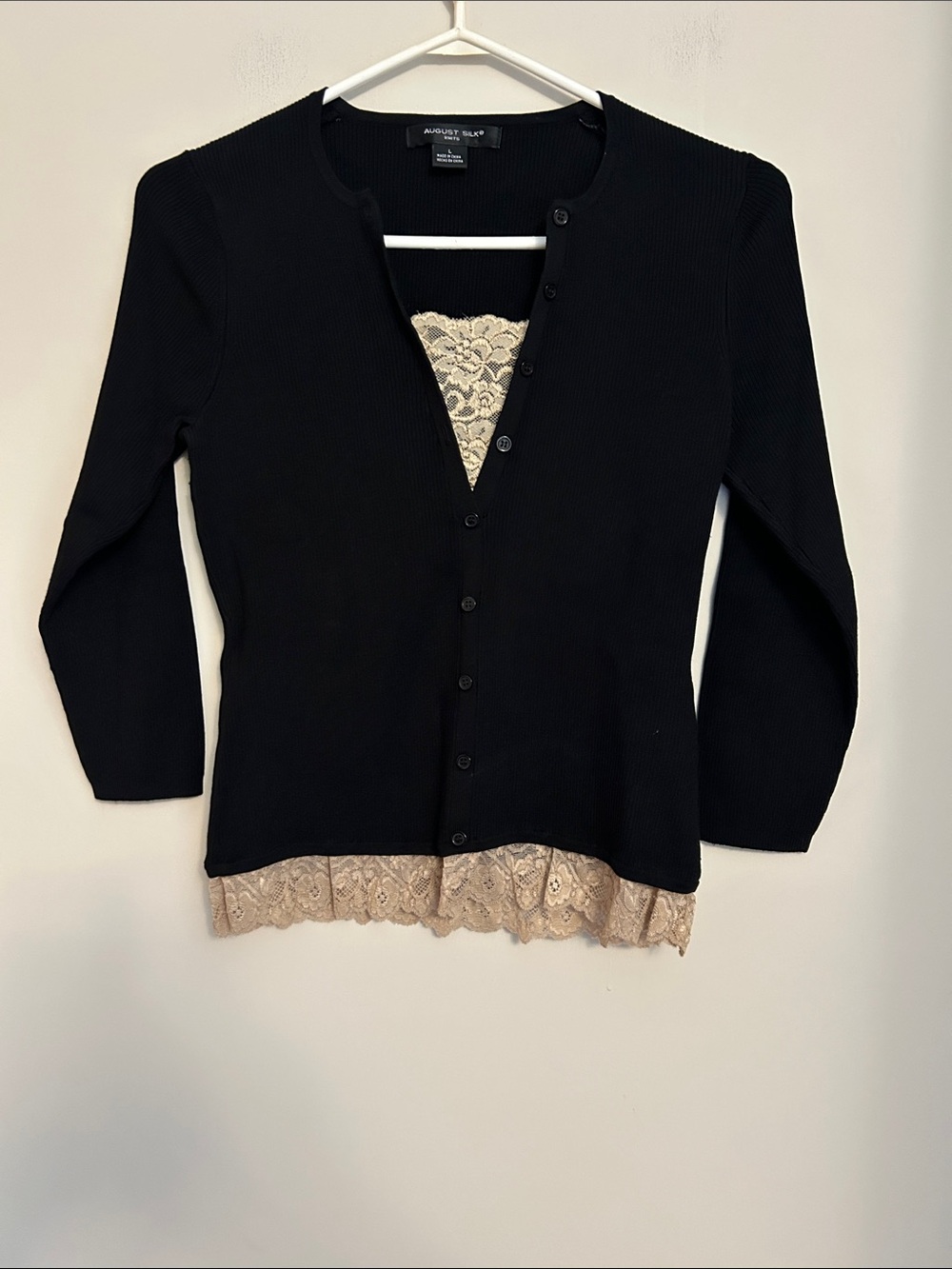 August Silk black sweater gold lace trim neck/hem fake button front size large